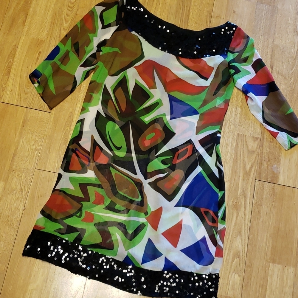 Cache mod print semi sheer silk dress XS